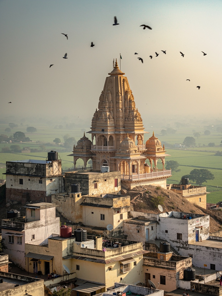 The Radha Rani temple rising above the old town of Barsana