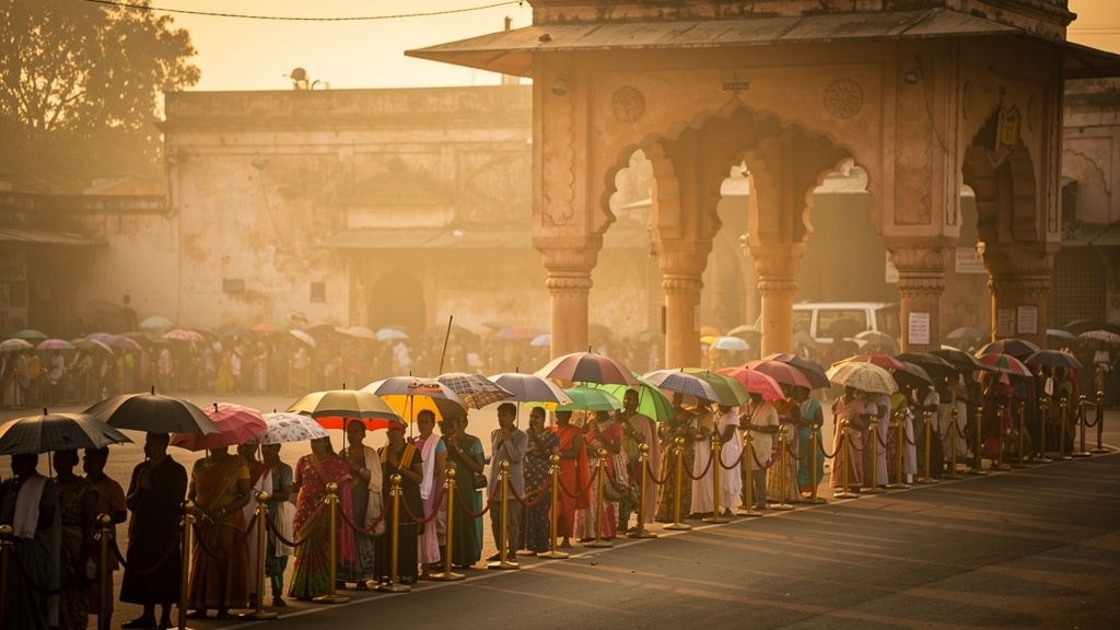 Queue of pilgrims with umbrellas at dawn outside a Vrindavan temple