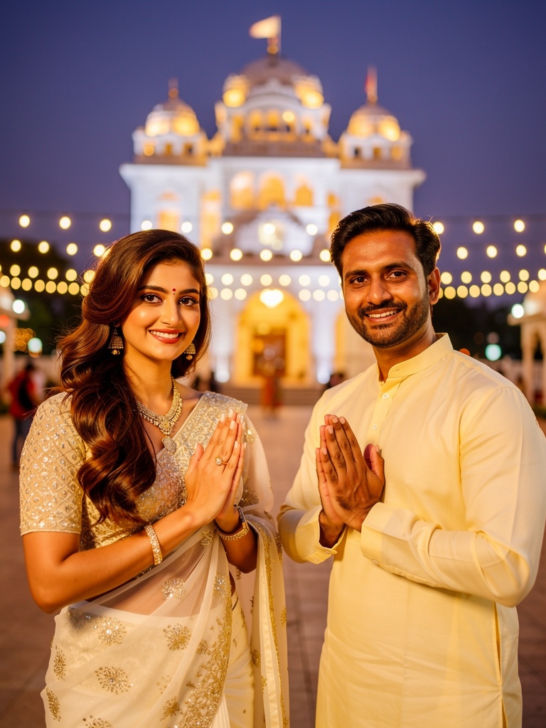 Devotees in namaste before the illuminated Prem Mandir at night