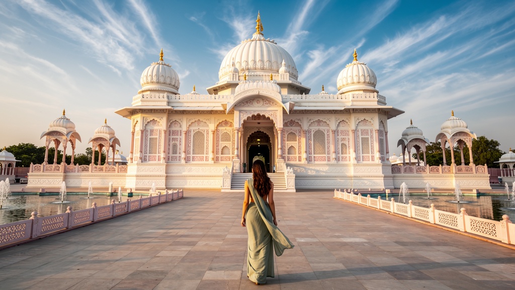 Prem Mandir white marble facade in morning light